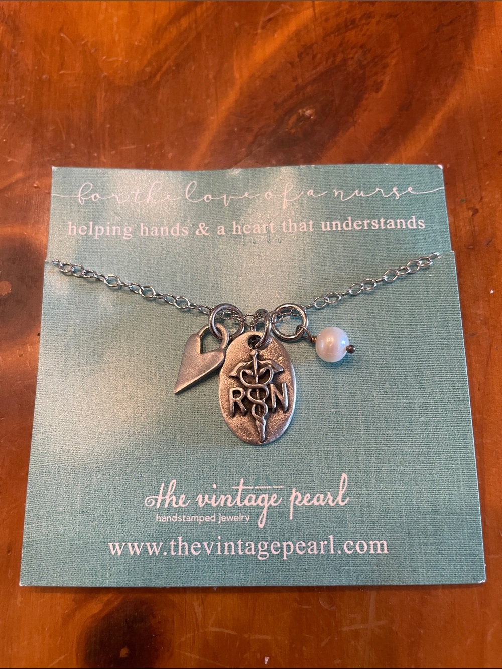 The Vintage Pearl Silver RN Caduceus Necklace with Pearl and Heart Accent